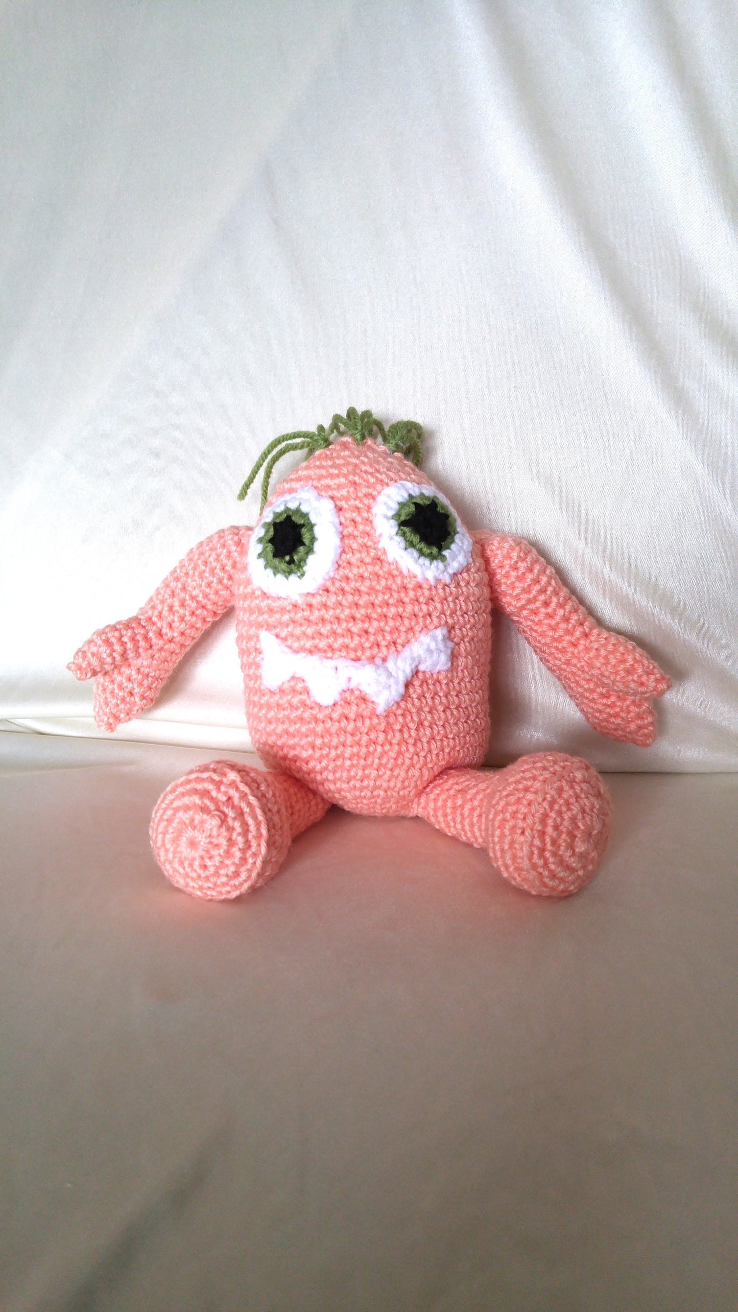 Crocheted Peach Monster, Huggable and Kid friendly