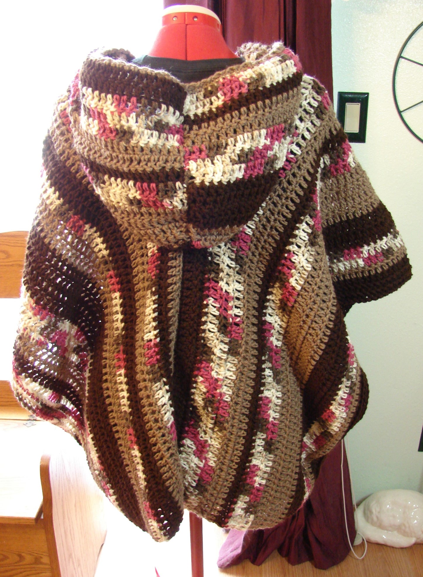 Hand Crochet Casual and Modern Hooded Adult Unisex Poncho One Size Colors of Brown and Cherry Chip