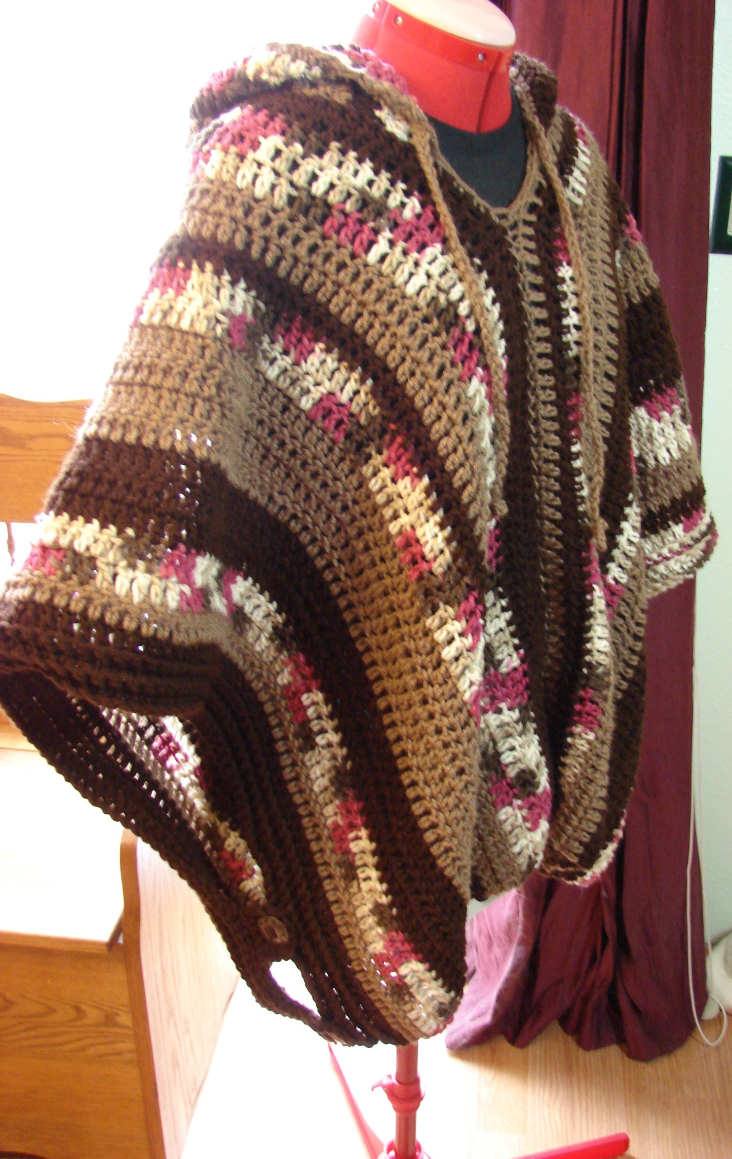 Hand Crochet Casual and Modern Hooded Adult Unisex Poncho One Size Colors of Brown and Cherry Chip