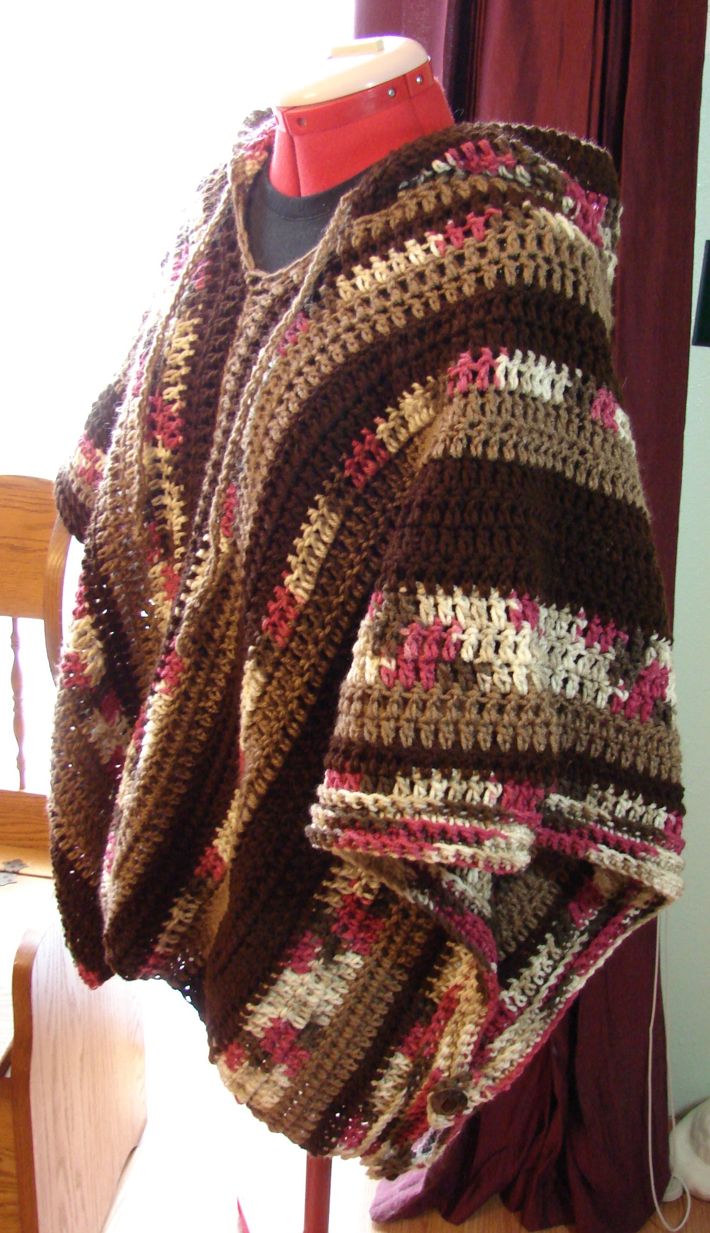 Hand Crochet Casual and Modern Hooded Adult Unisex Poncho One Size Colors of Brown and Cherry Chip