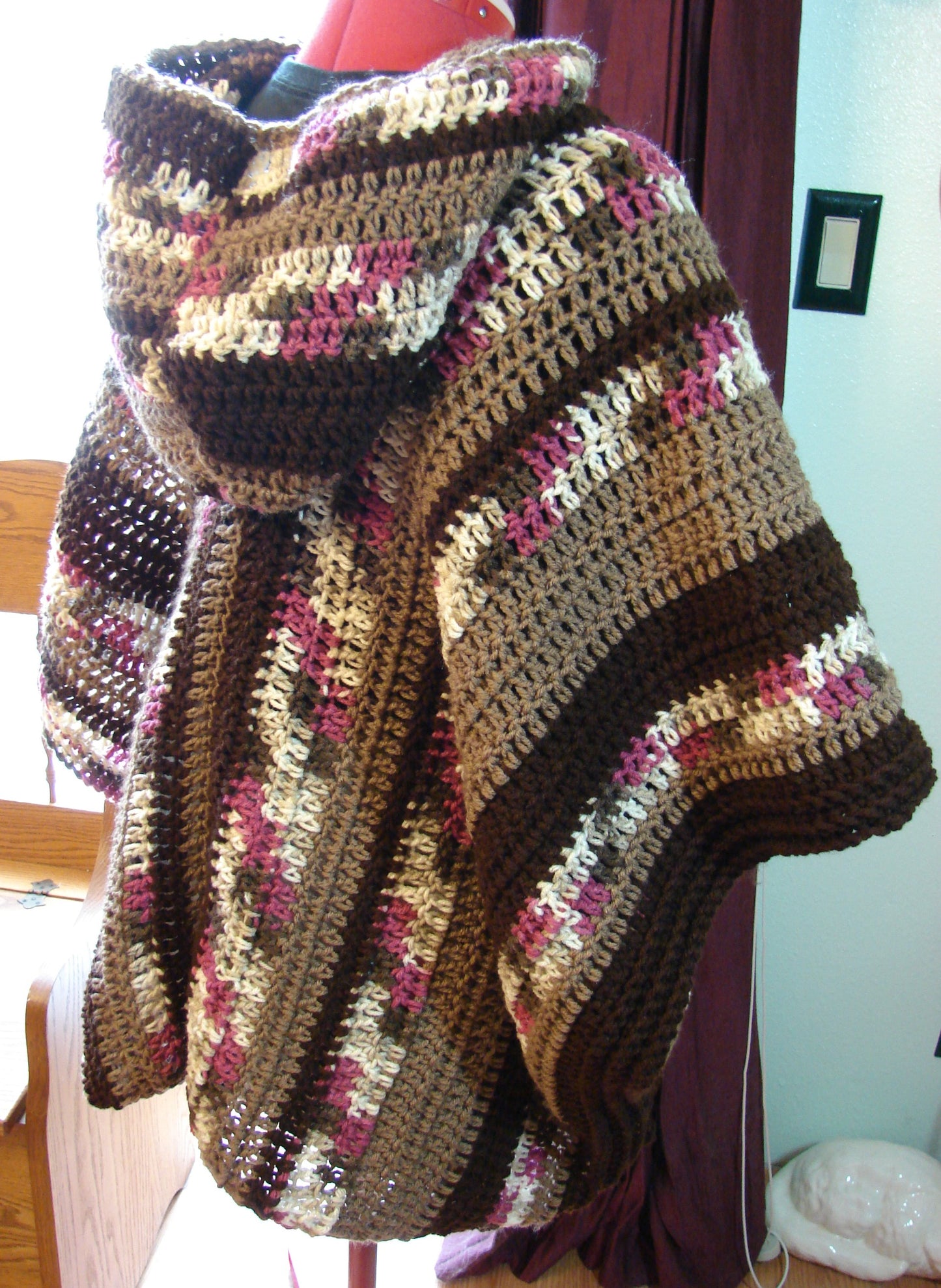 Hand Crochet Casual and Modern Hooded Adult Unisex Poncho One Size Colors of Brown and Cherry Chip