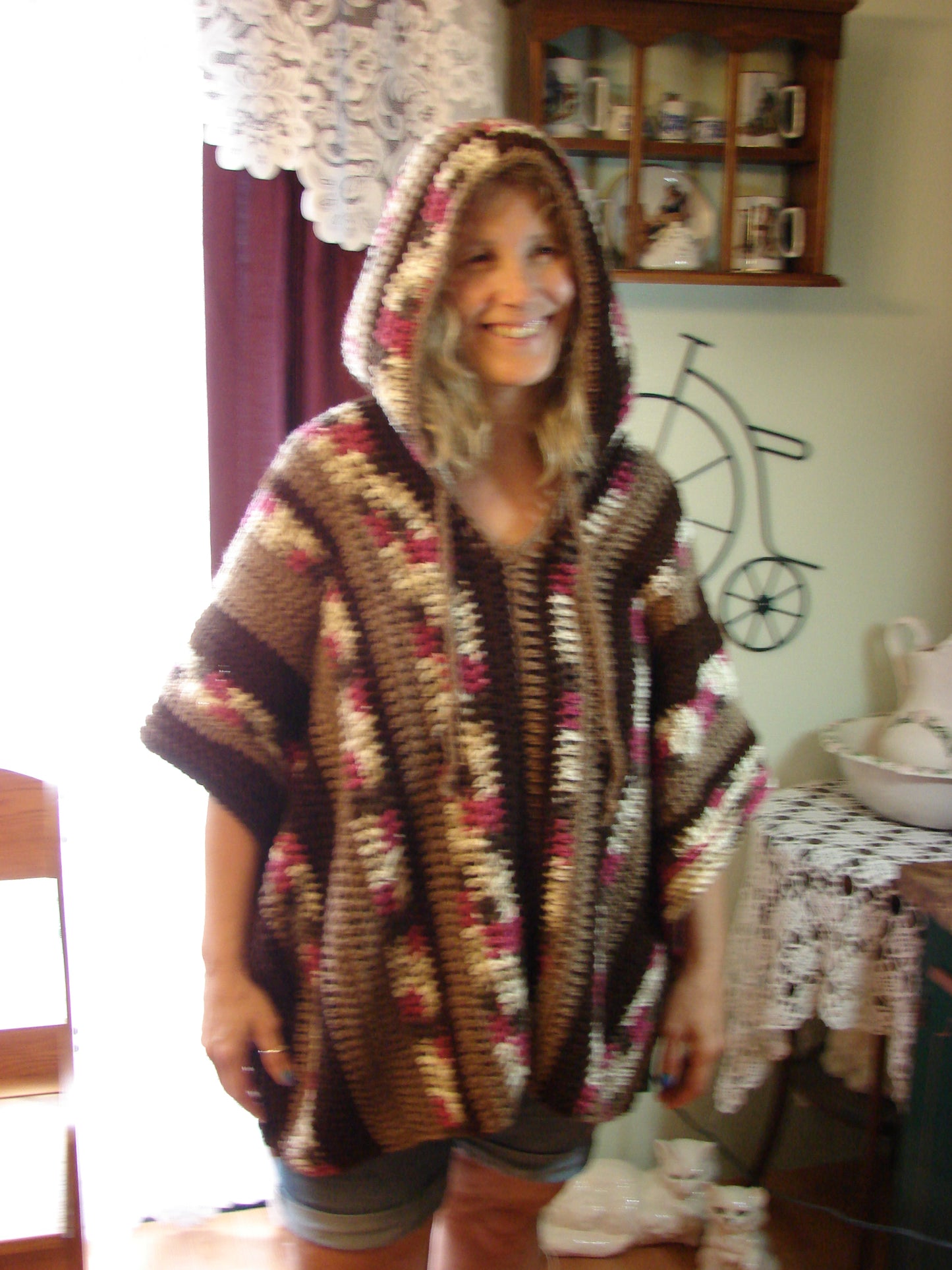 Hand Crochet Casual and Modern Hooded Adult Unisex Poncho One Size Colors of Brown and Cherry Chip