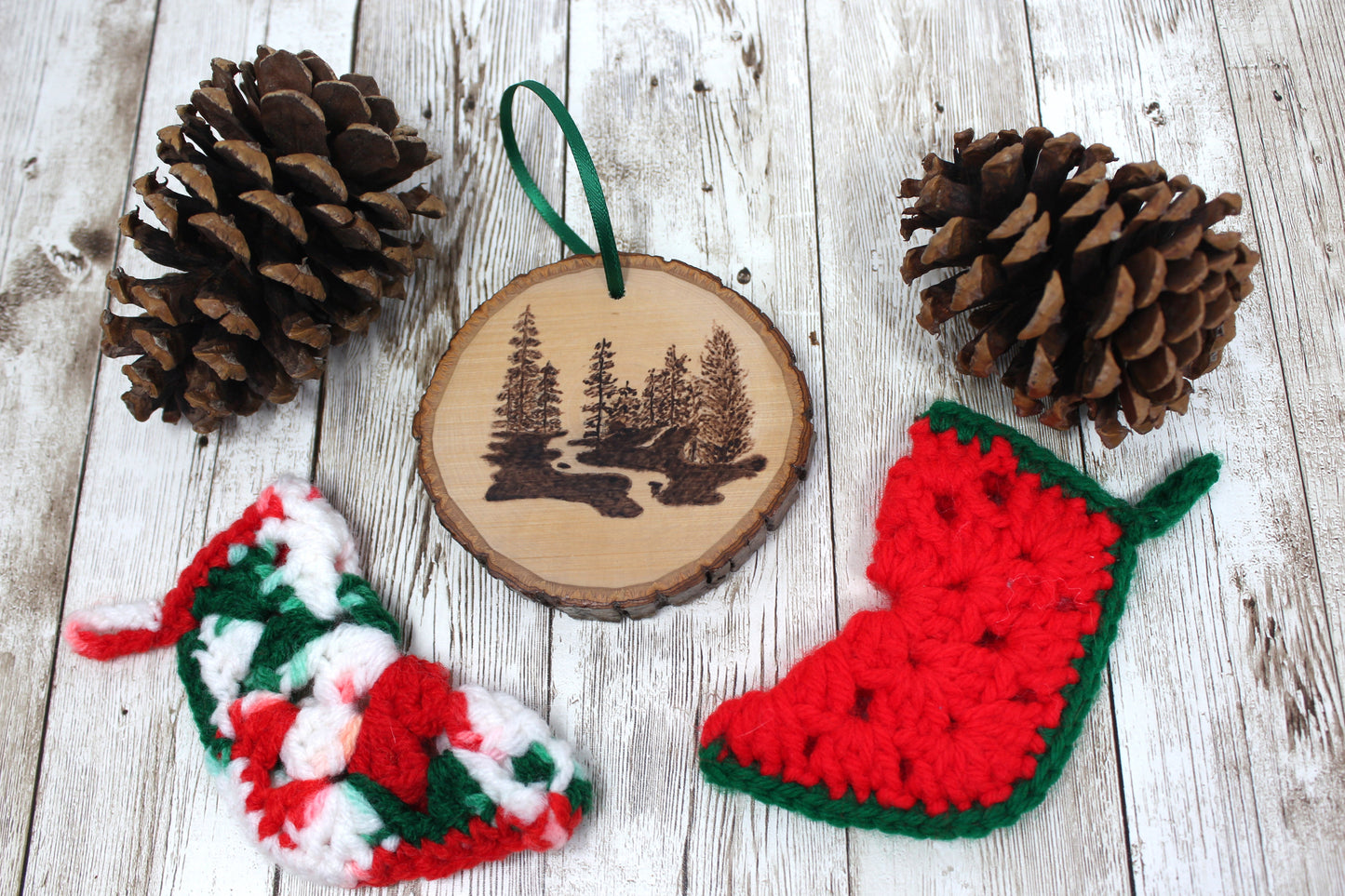 Hand Wood Burned Rustic Ornament Trees