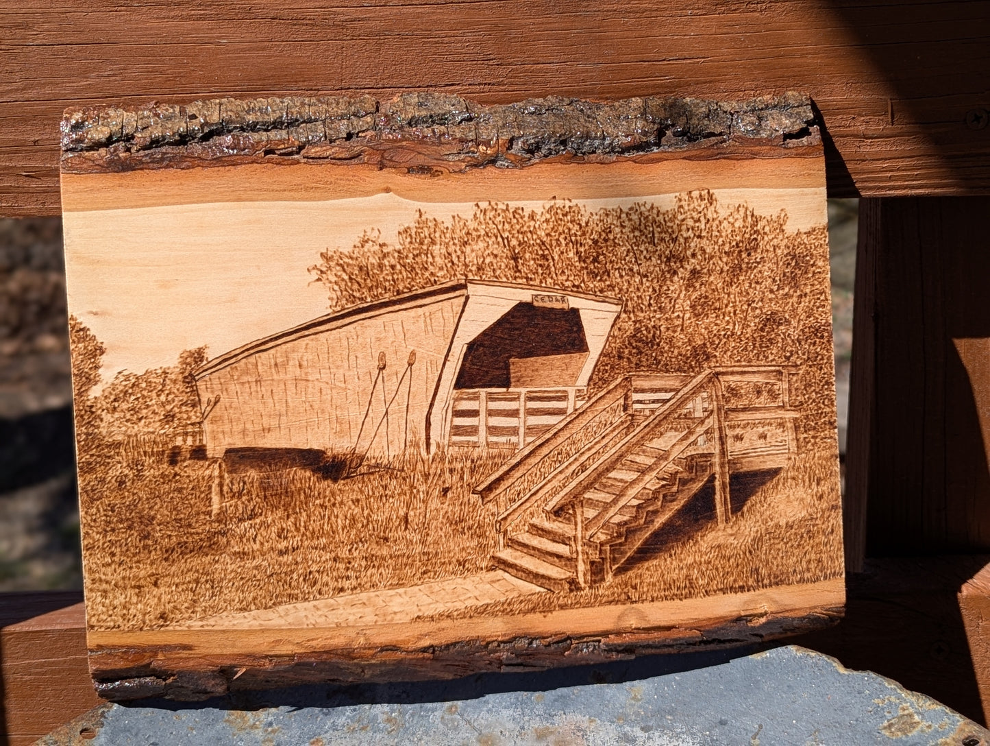 Madison County Covered Bridge, Hand Wood-Burned Wall or Desk Art
