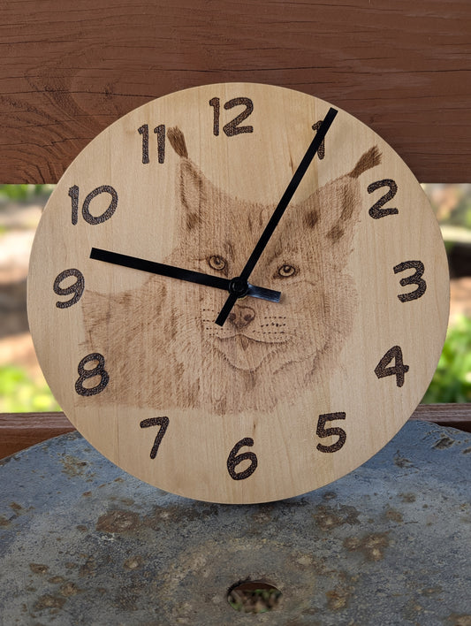 Hand Burned Pyrography Lynx Clock