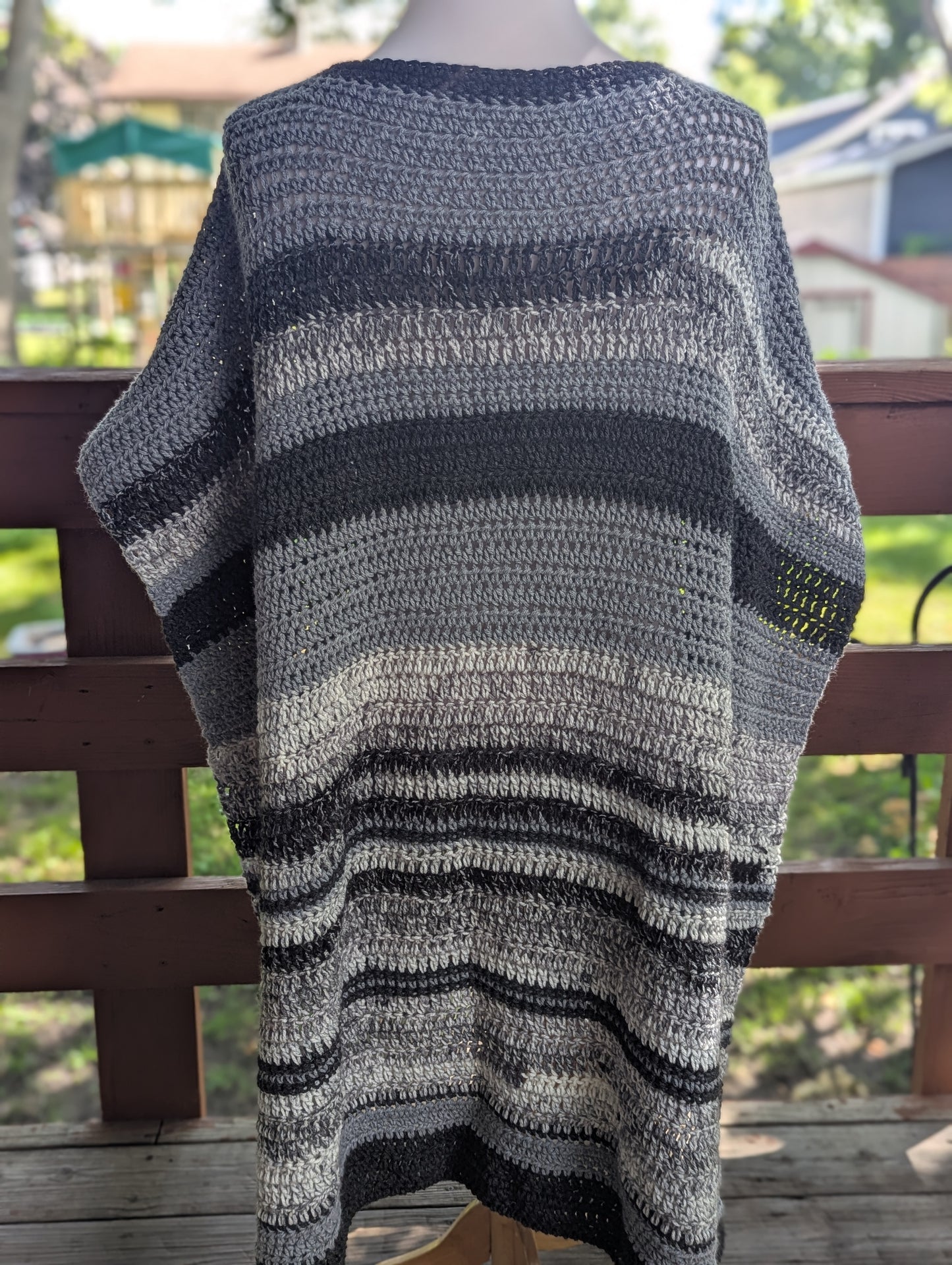 Hand Crochet Black and Gray Adult Boho Style Poncho One Size