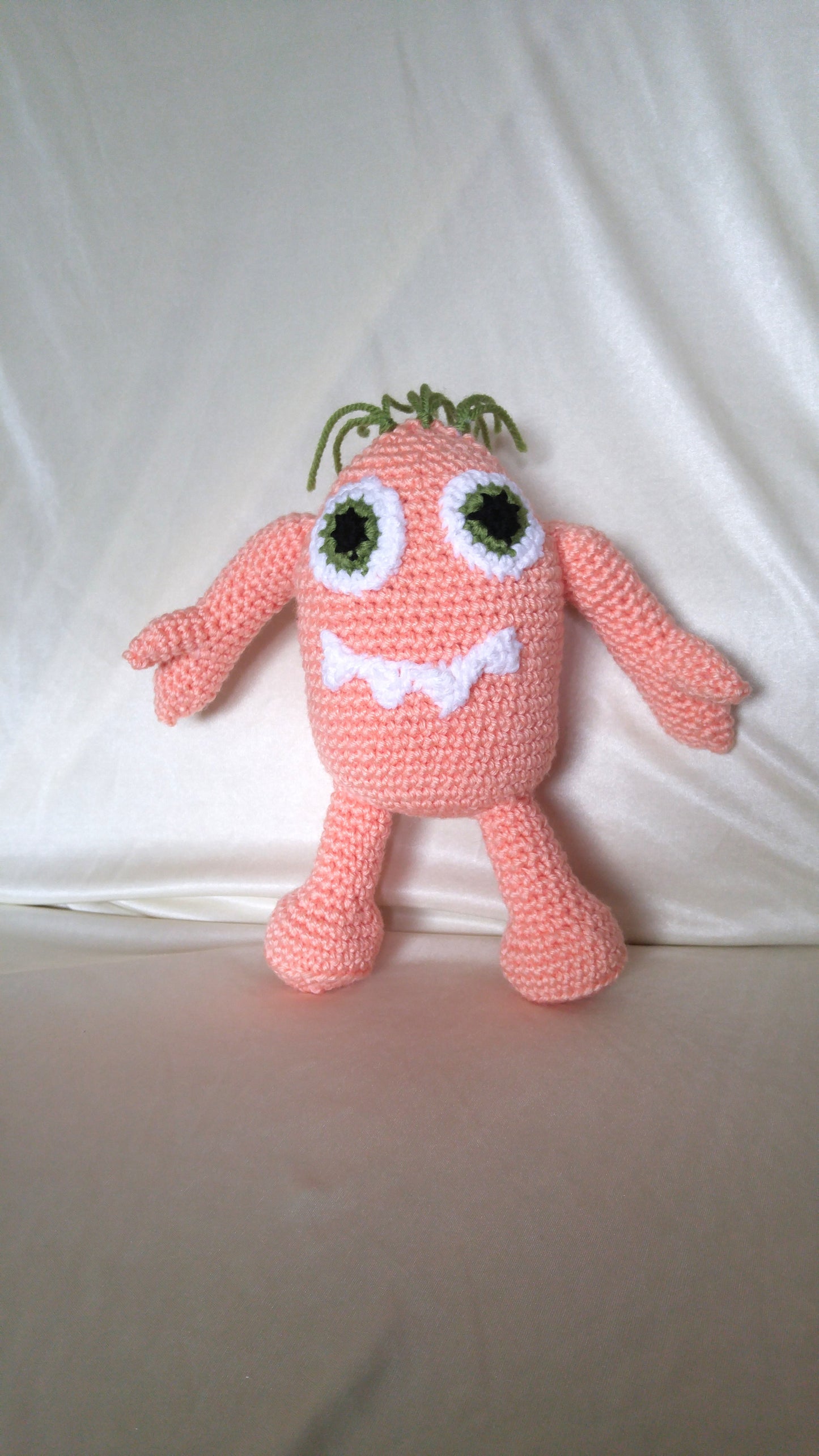 Crocheted Peach Monster, Huggable and Kid friendly