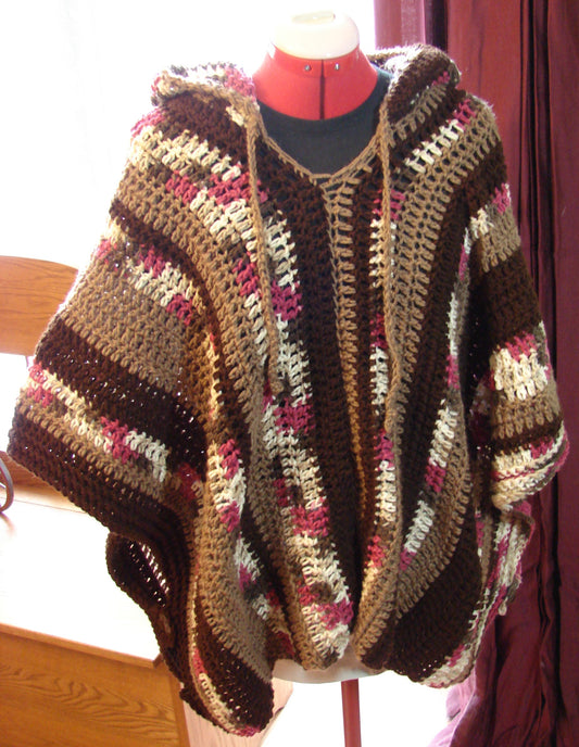 Hand Crochet Casual and Modern Hooded Adult Unisex Poncho One Size Colors of Brown and Cherry Chip