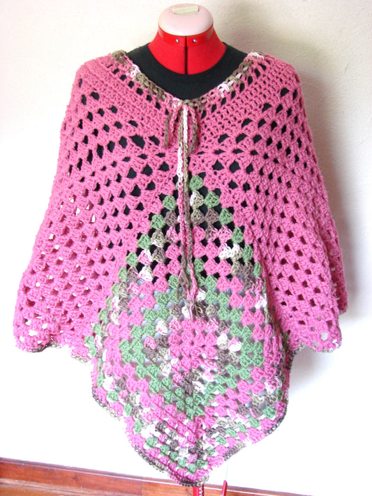 Hand Crochet Rose Color Poncho One Size