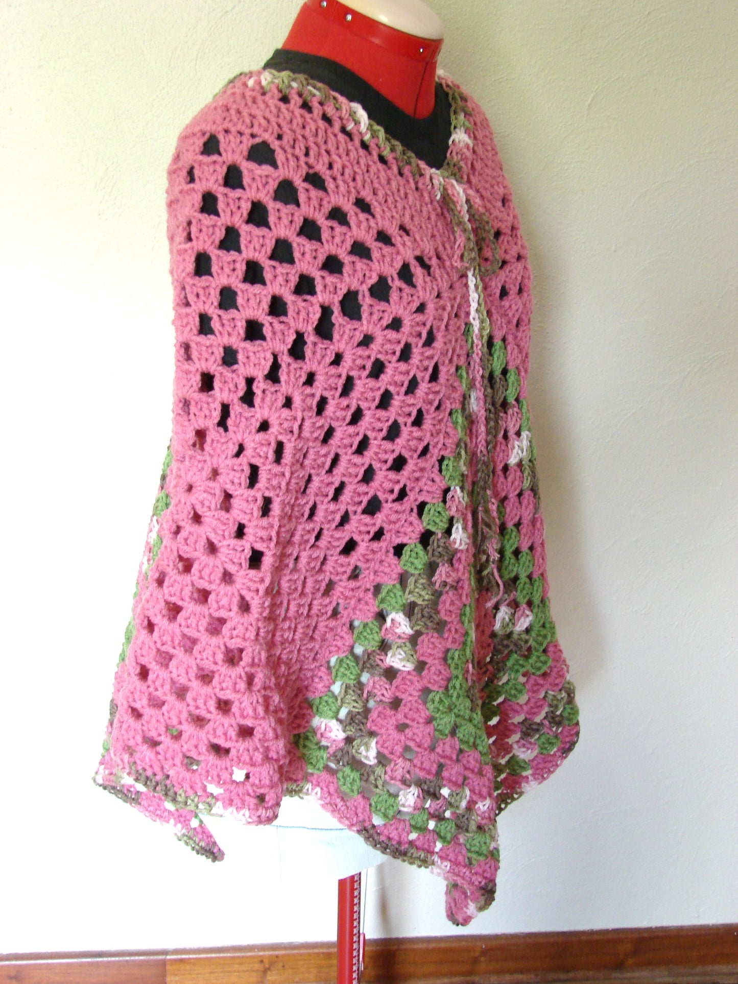 Hand Crochet Rose Color Poncho One Size