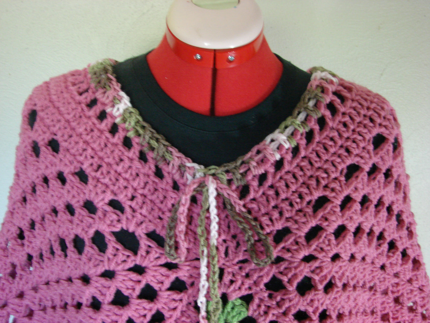 Hand Crochet Rose Color Poncho One Size