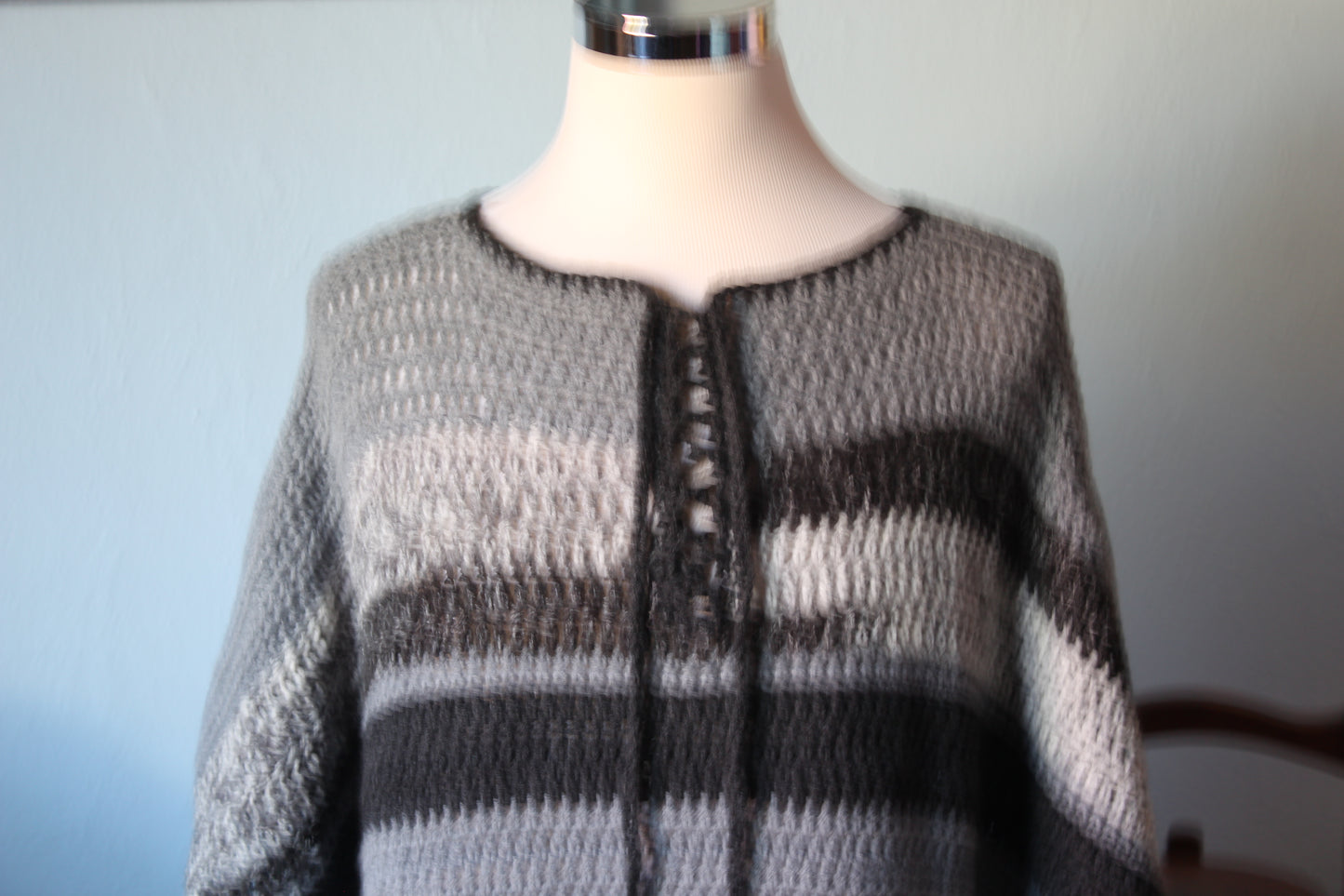 Hand Crochet Black and Gray Adult Boho Style Poncho One Size