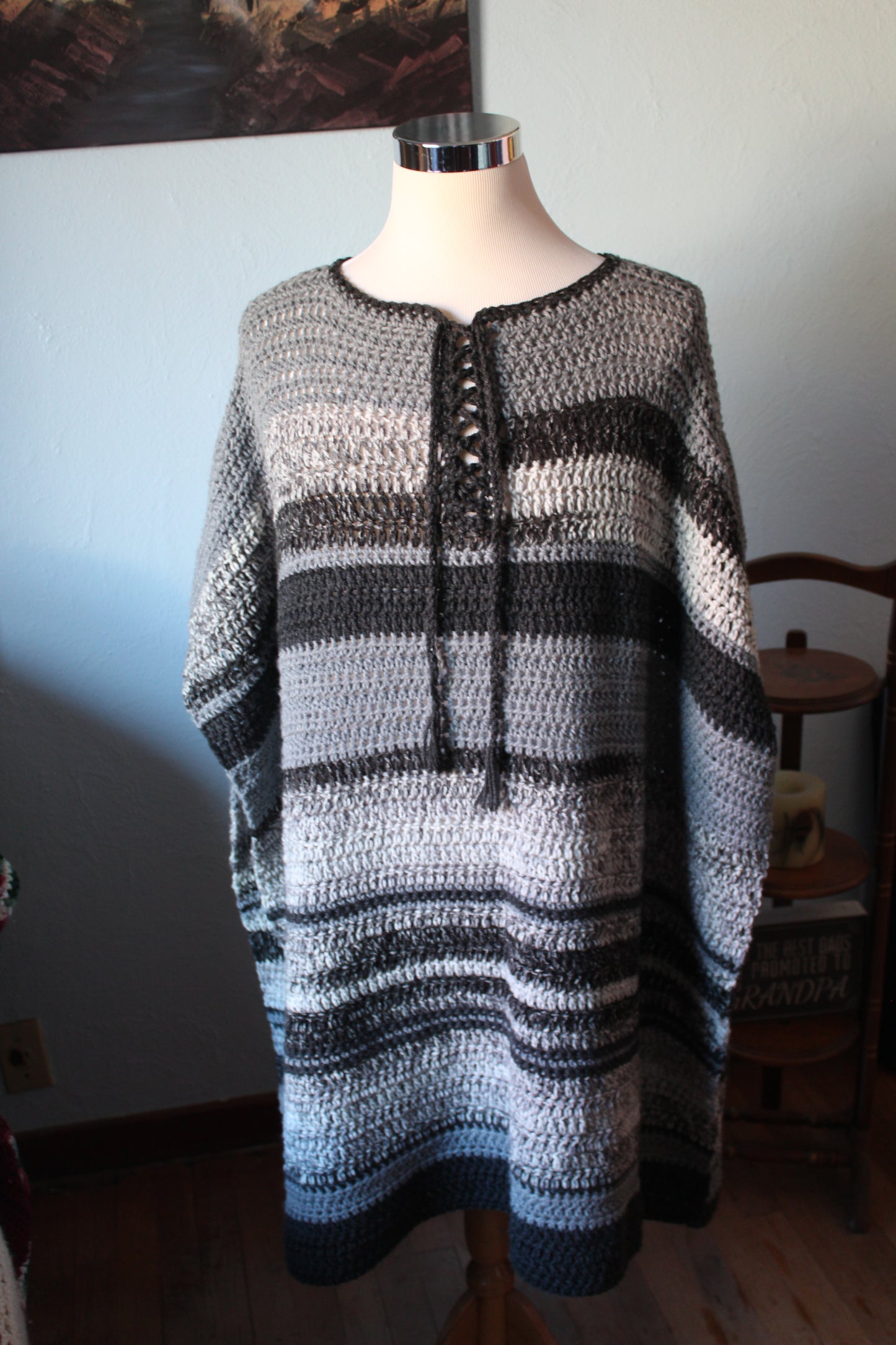 Hand Crochet Black and Gray Adult Boho Style Poncho One Size