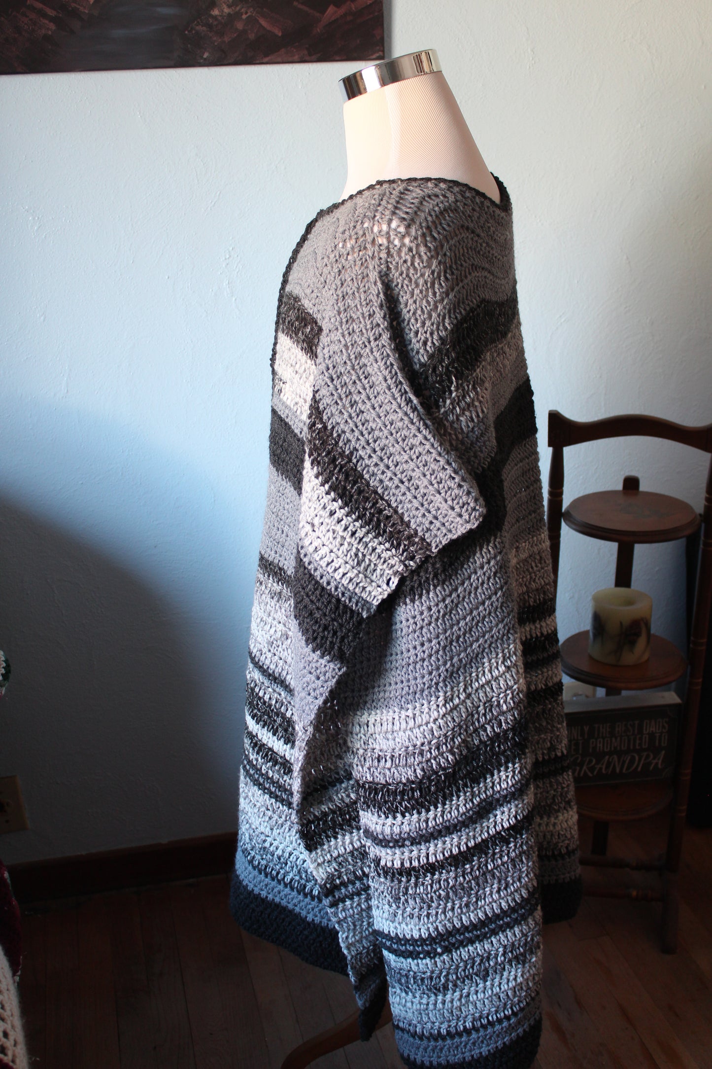 Hand Crochet Black and Gray Adult Boho Style Poncho One Size