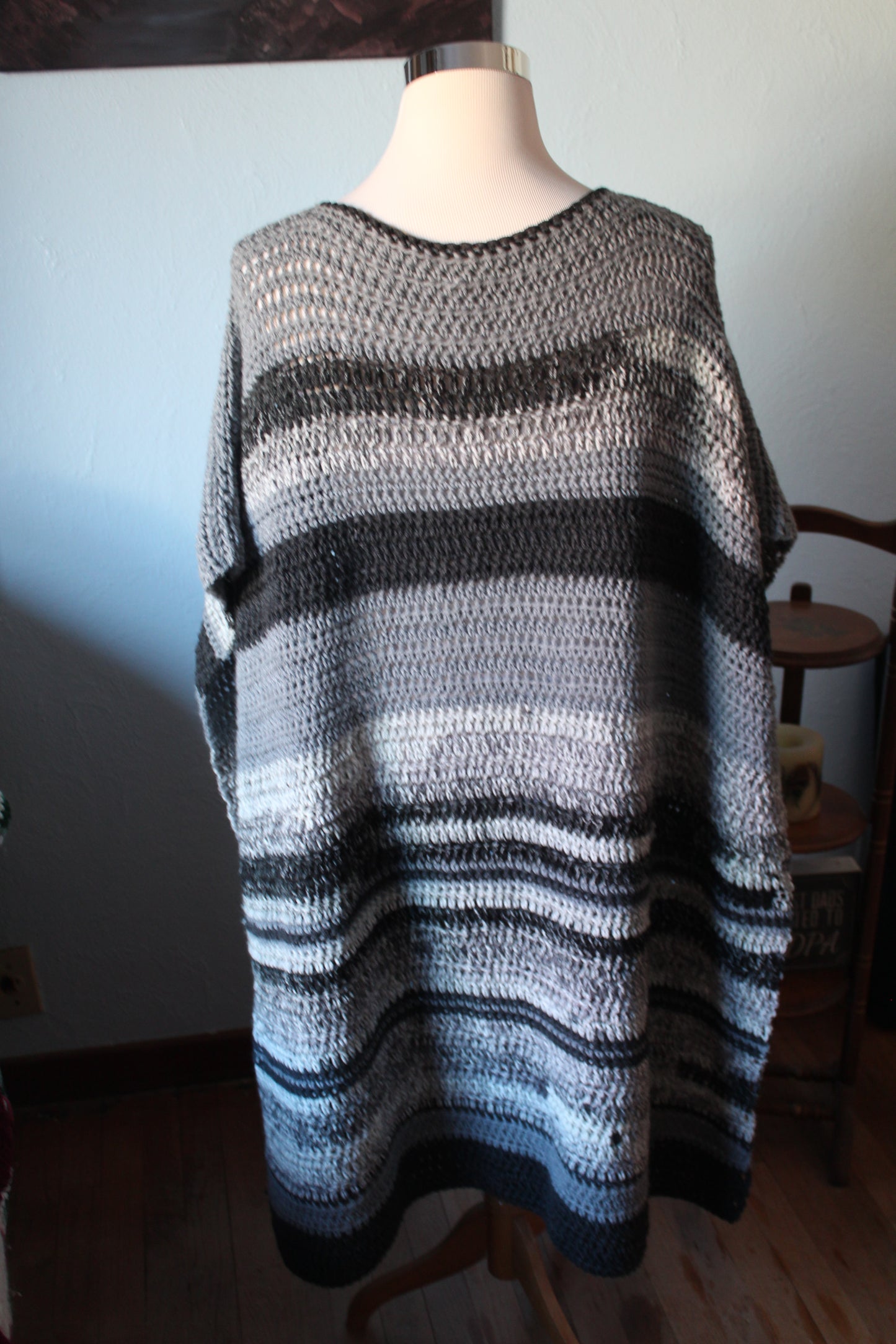 Hand Crochet Black and Gray Adult Boho Style Poncho One Size