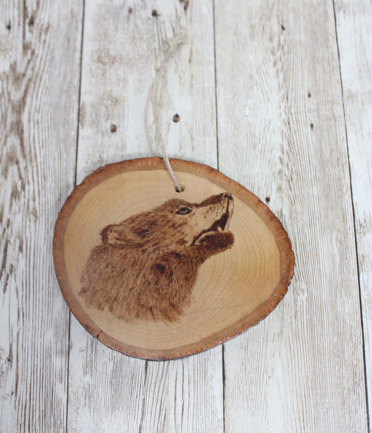 Hand Wood Burned Rustic Ornament Wolf