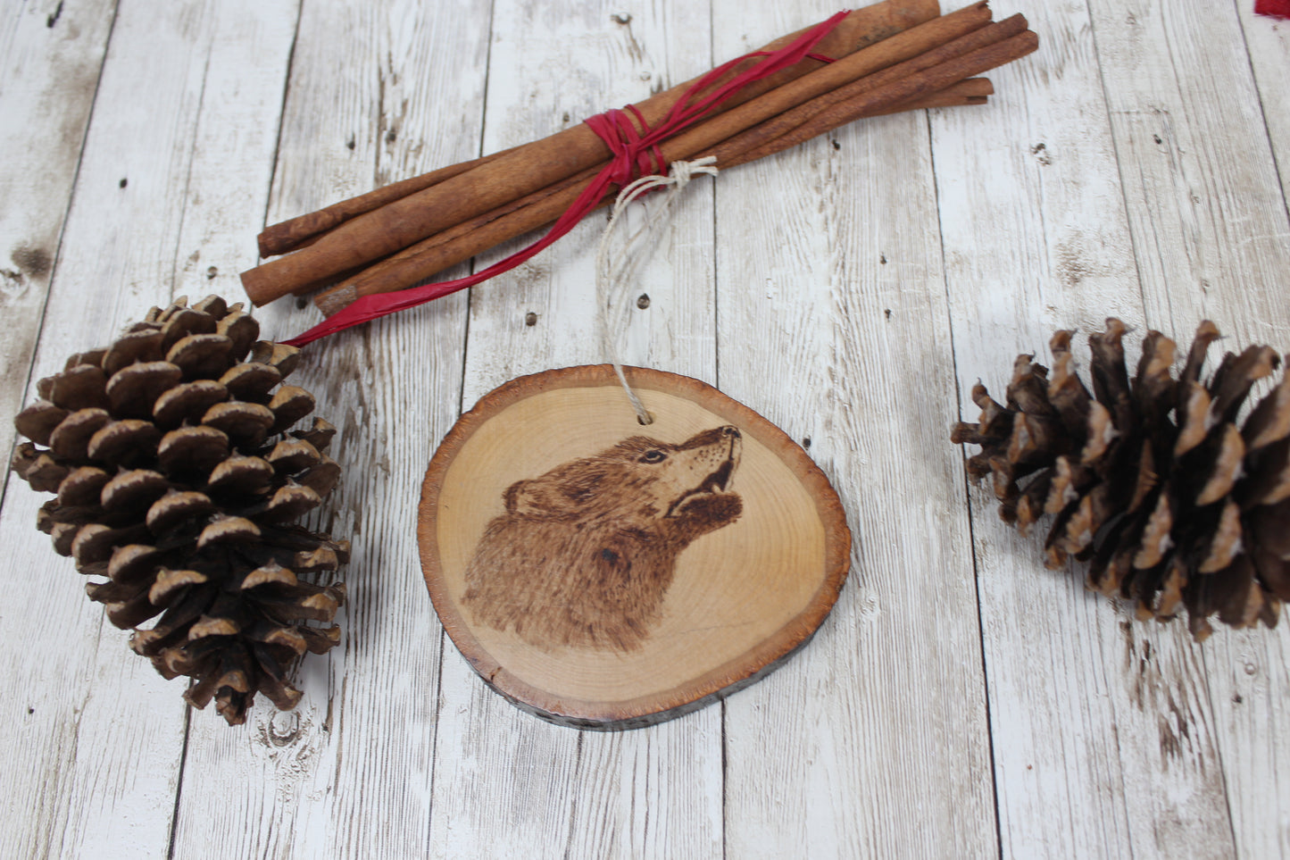 Hand Wood Burned Rustic Ornament Wolf