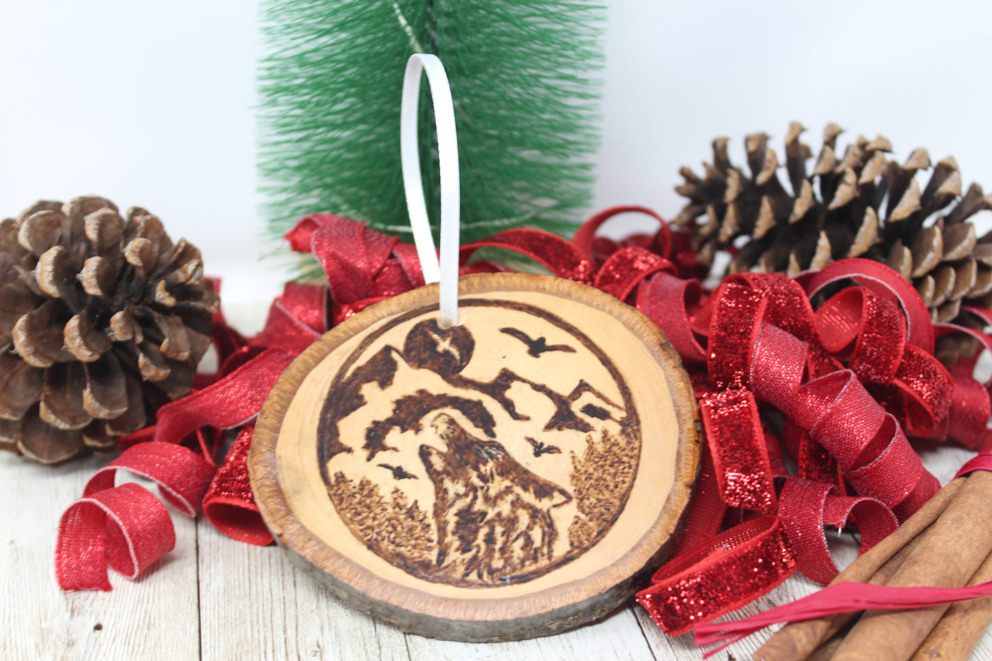 Hand Wood Burned Rustic Ornament Wolf and Mountain