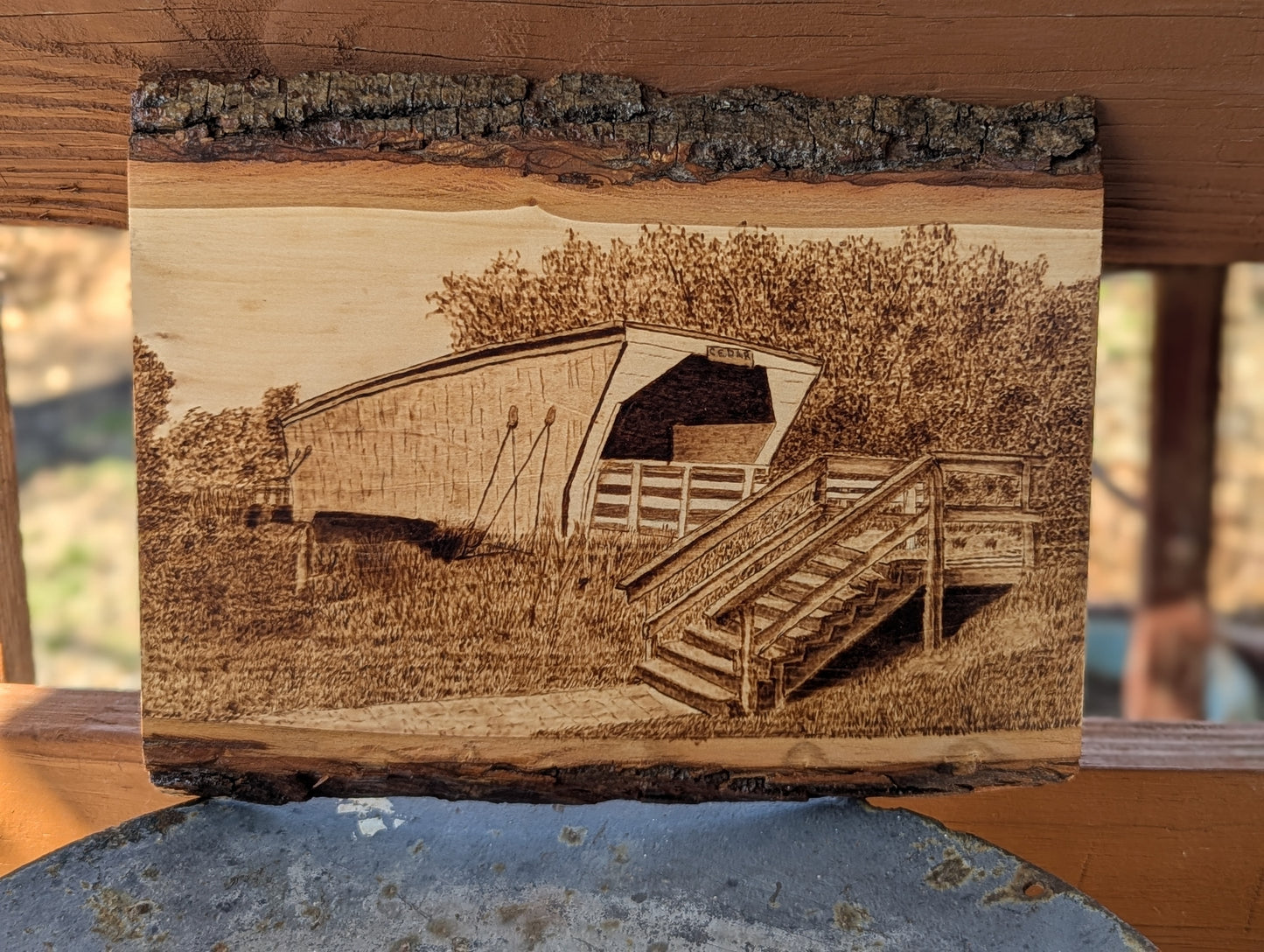 Madison County Covered Bridge, Hand Wood-Burned Wall or Desk Art