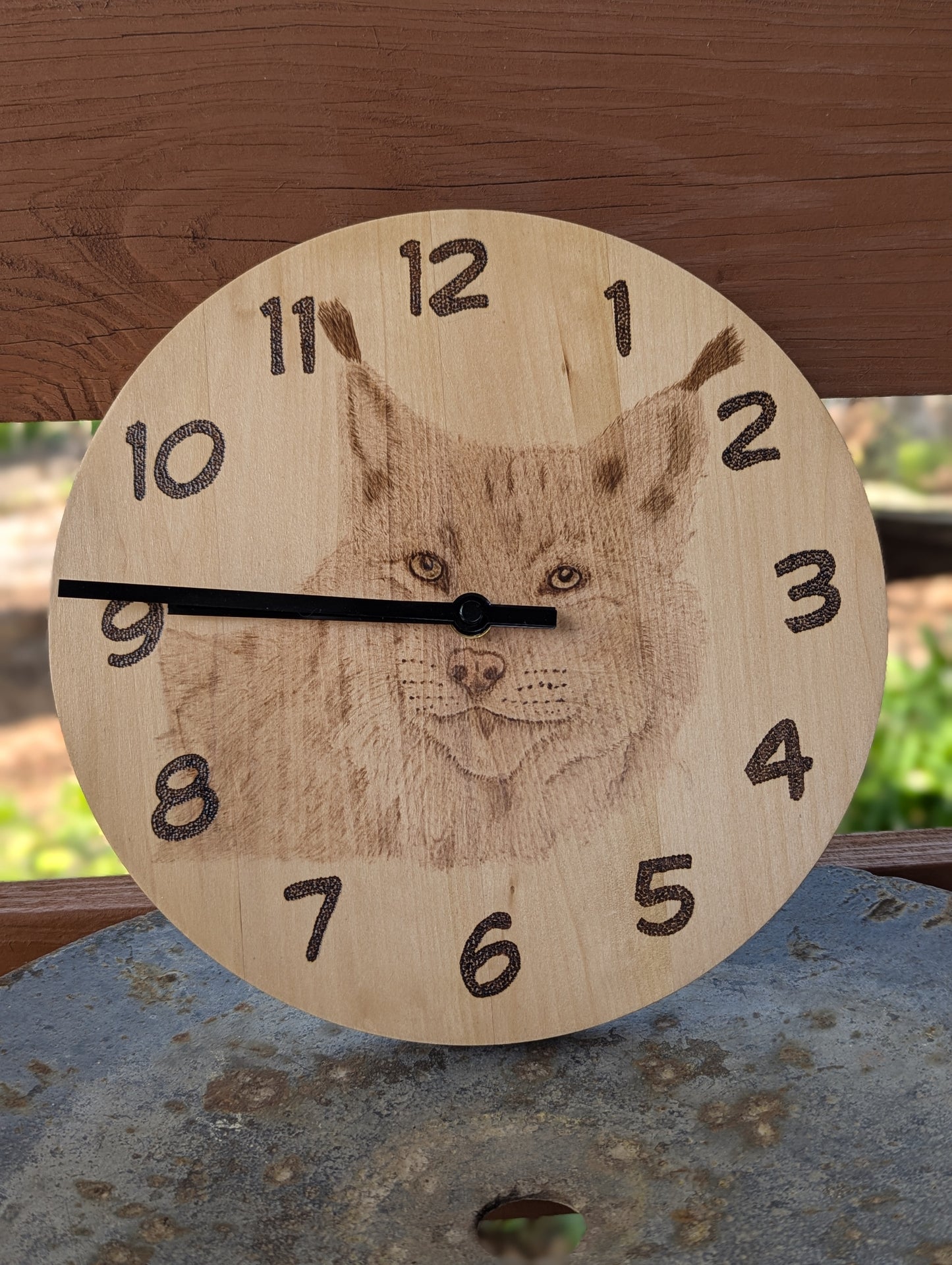 Hand Burned Pyrography Lynx Clock