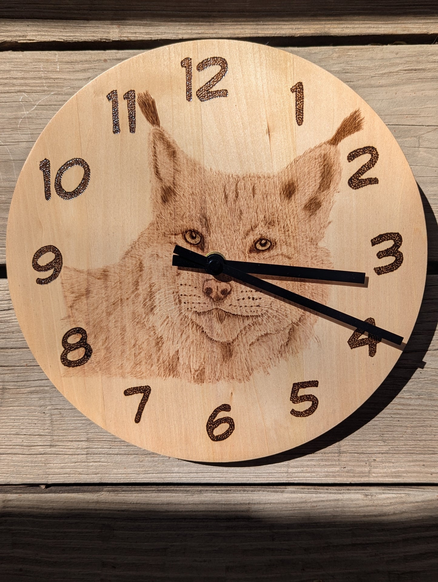 Hand Burned Pyrography Lynx Clock
