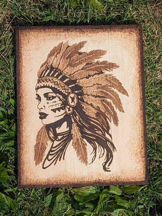 "Whispers of a Heritage" Native American Woman Hand-Burned Pyrography