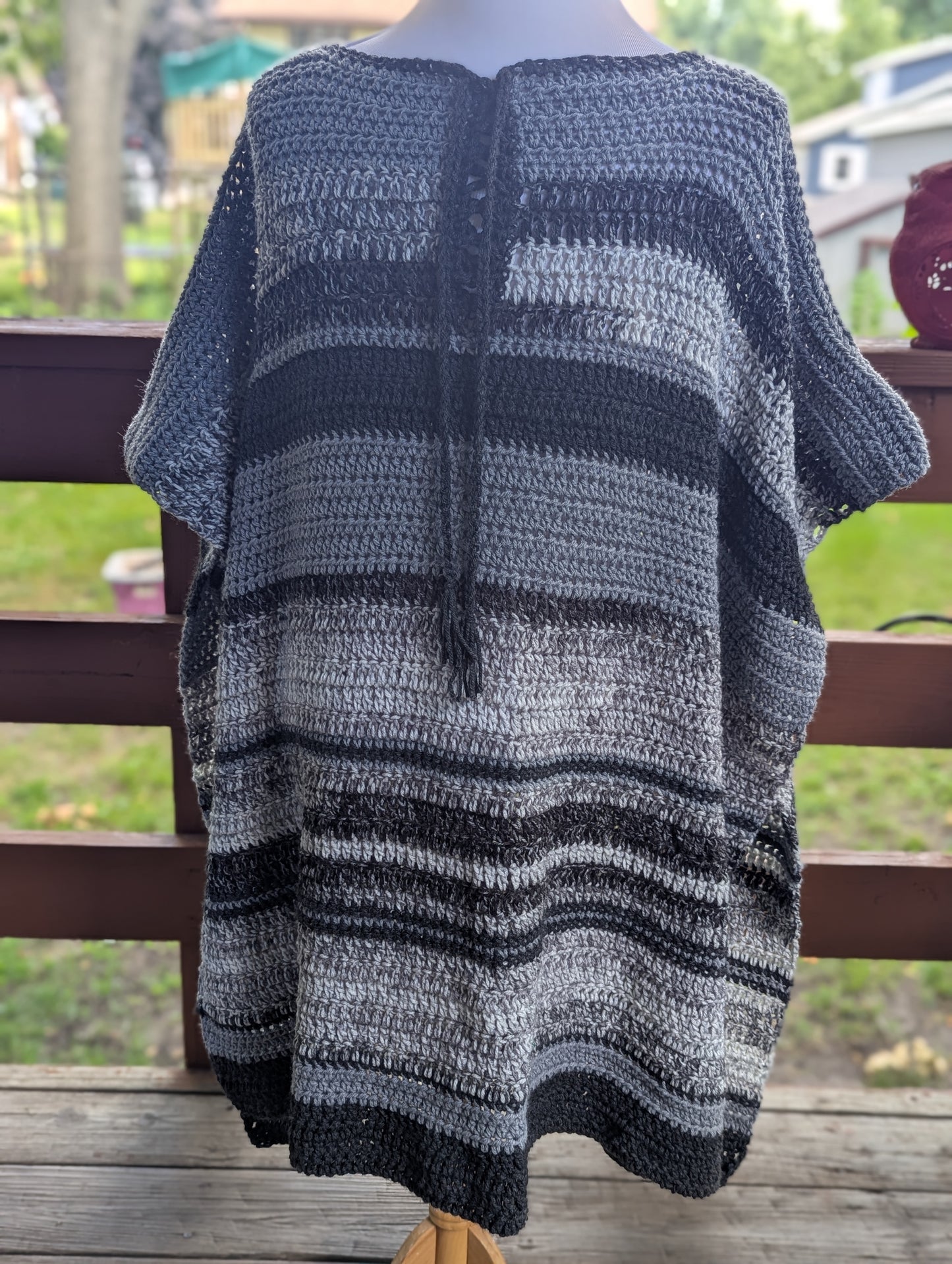 Hand Crochet Black and Gray Adult Boho Style Poncho One Size
