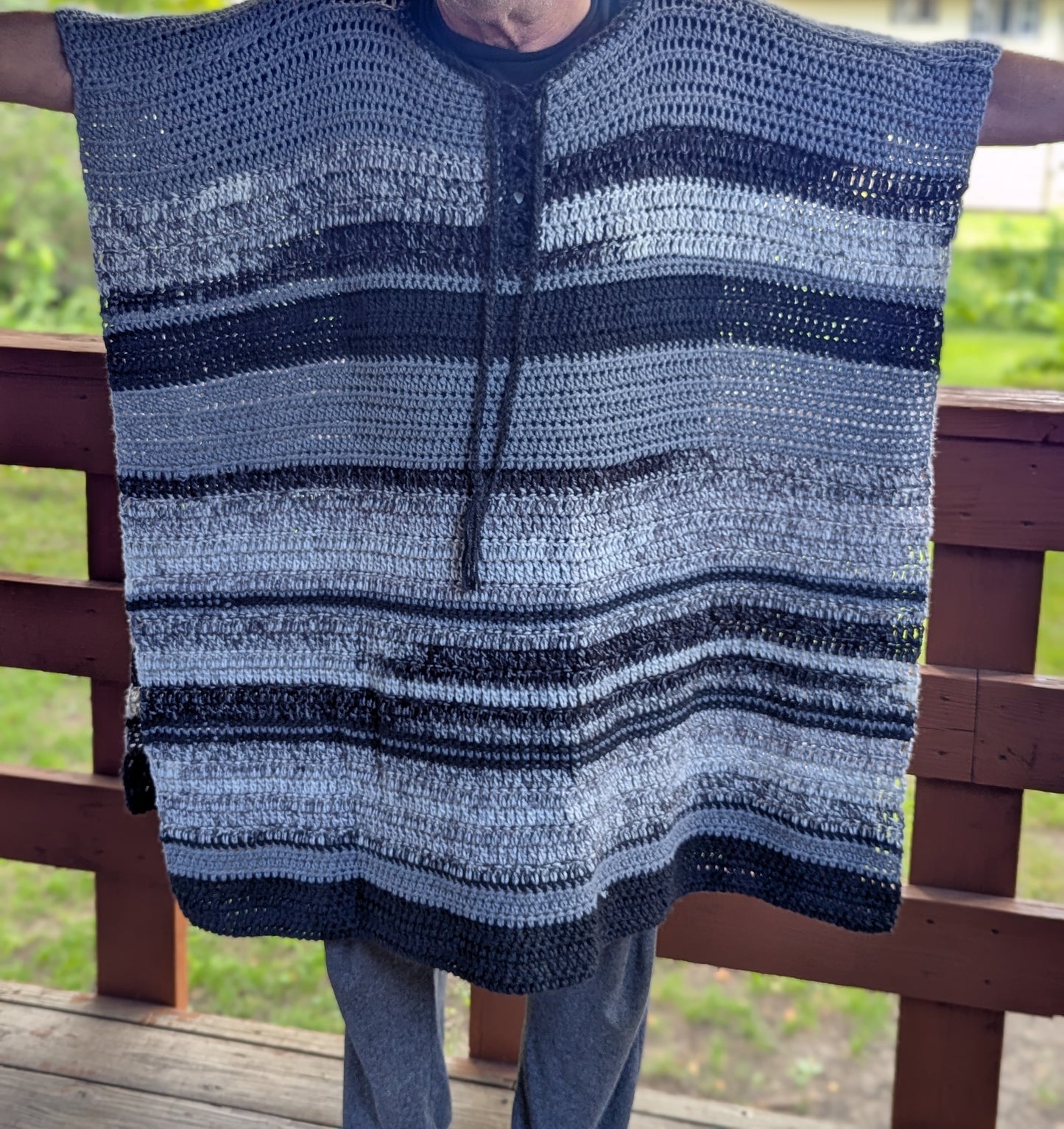 Hand Crochet Black and Gray Adult Boho Style Poncho One Size