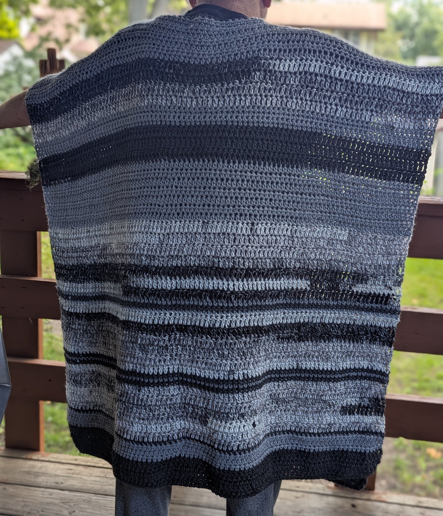 Hand Crochet Black and Gray Adult Boho Style Poncho One Size
