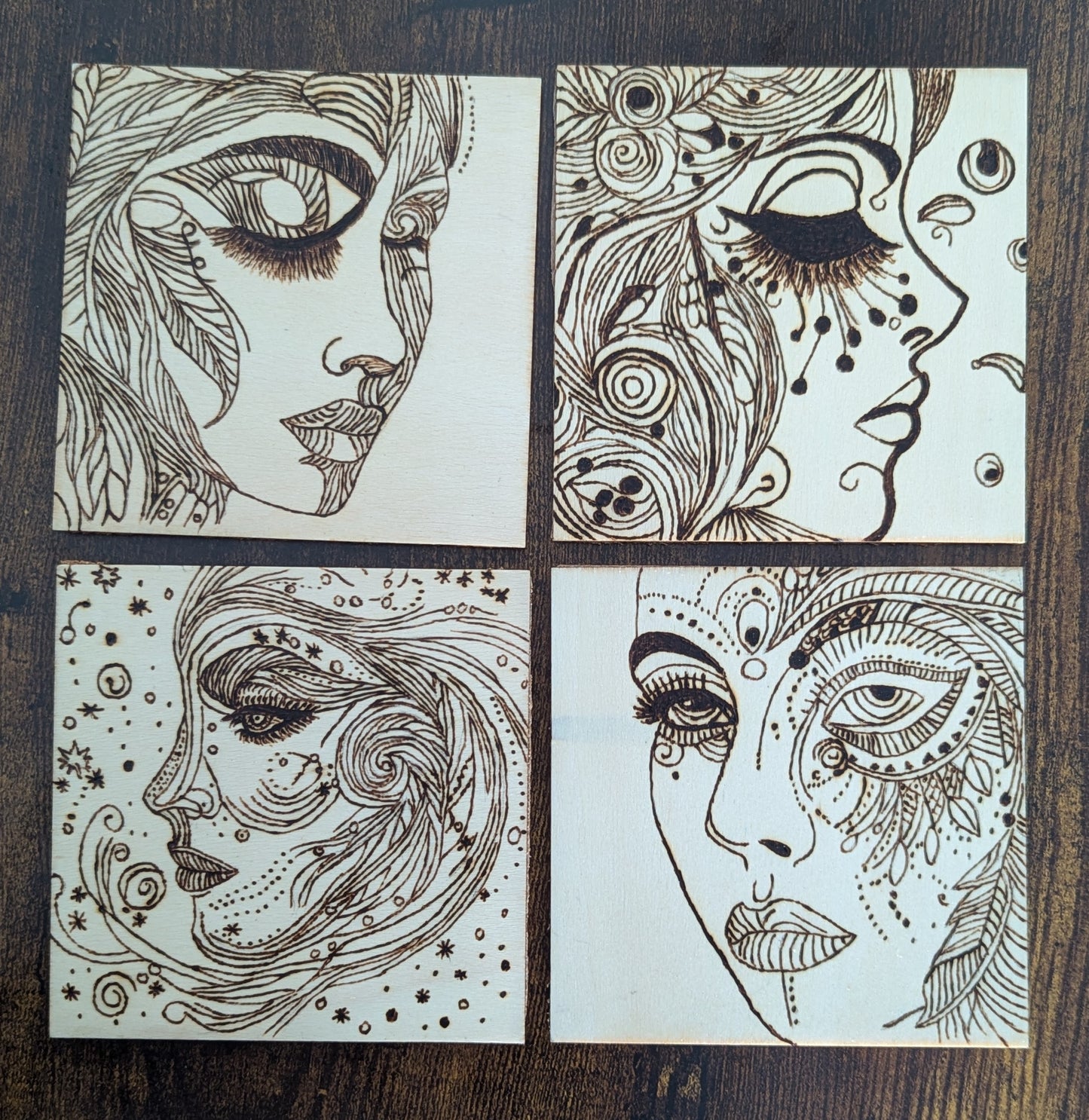 Hand-Burned Face Art Coasters – Set of 4