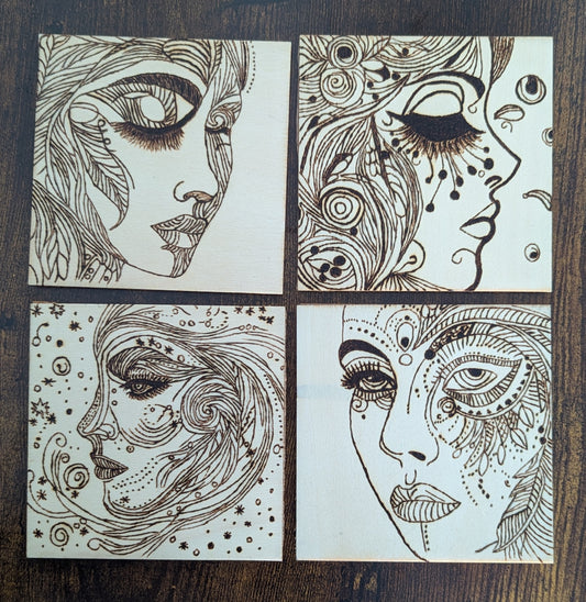 Hand-Burned Face Art Coasters – Set of 4