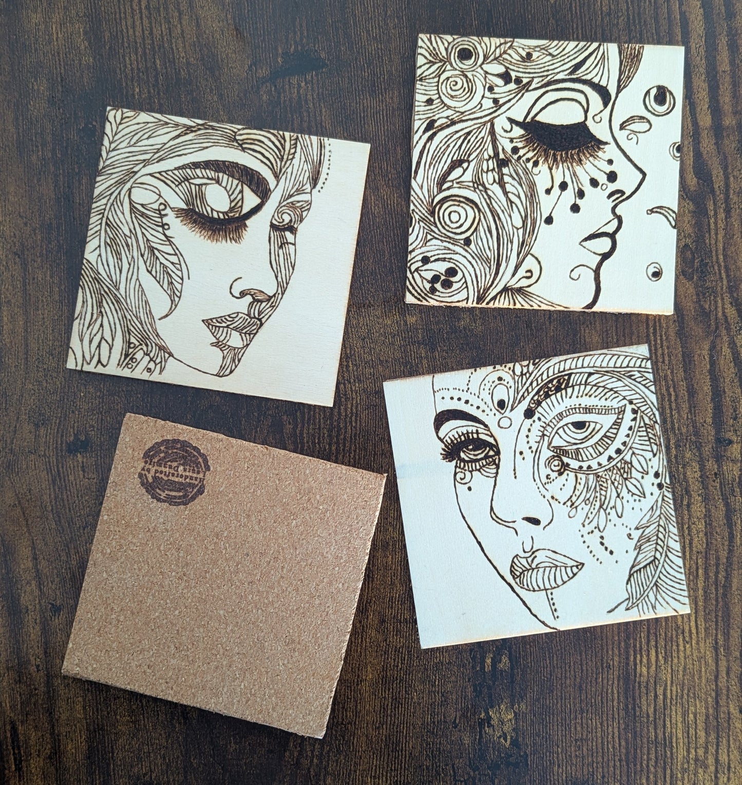 Hand-Burned Face Art Coasters – Set of 4