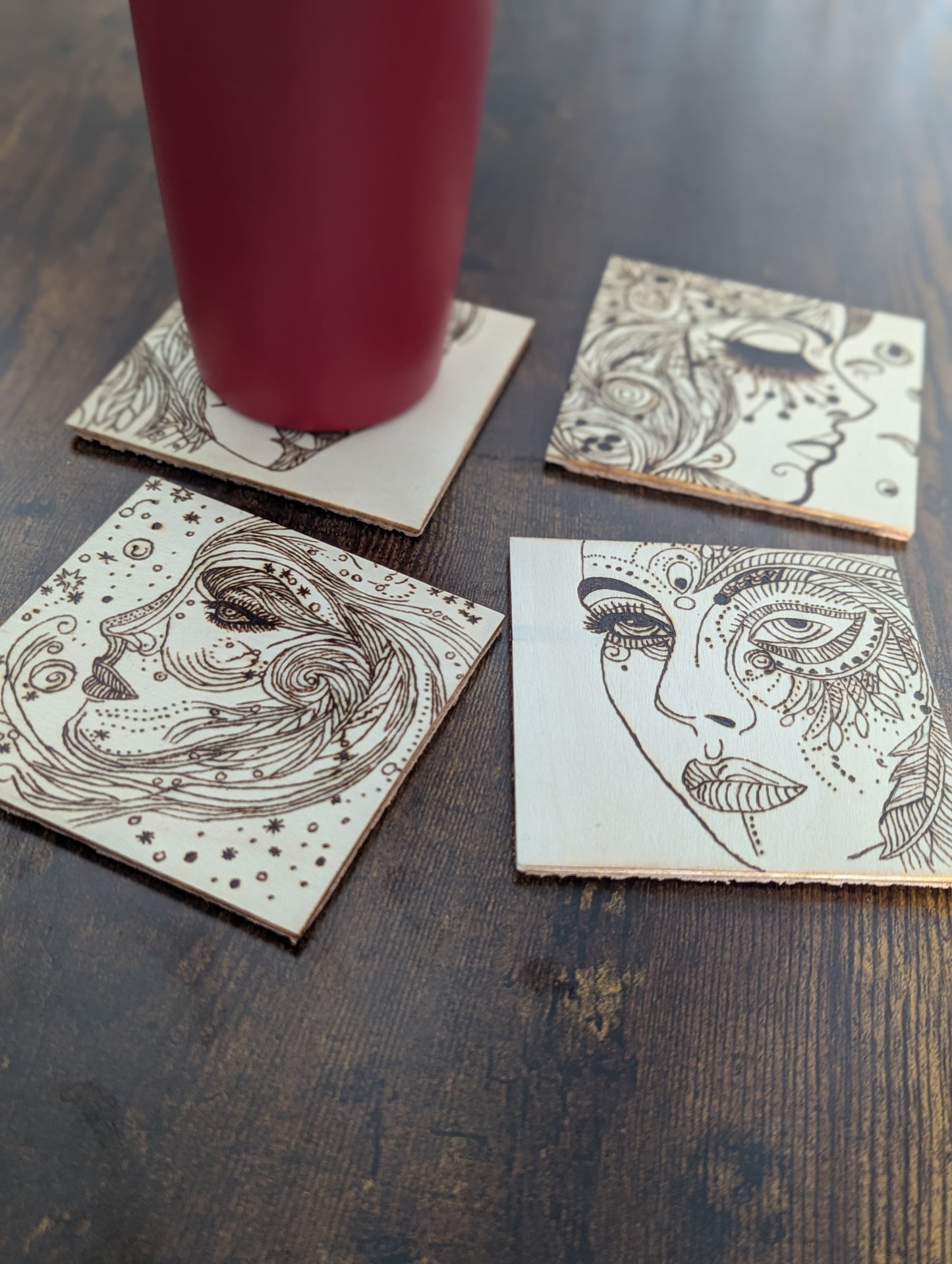 Hand-Burned Face Art Coasters – Set of 4